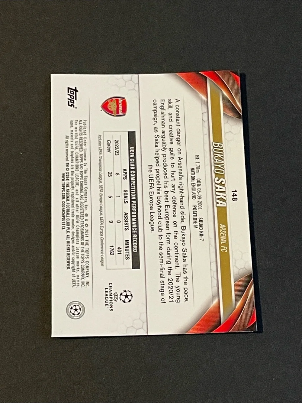 Bukayo Saka 2023/24 Topps Chrome UEFA Club Competitions #148 Arsenal Base Card - Picture 5 of 6